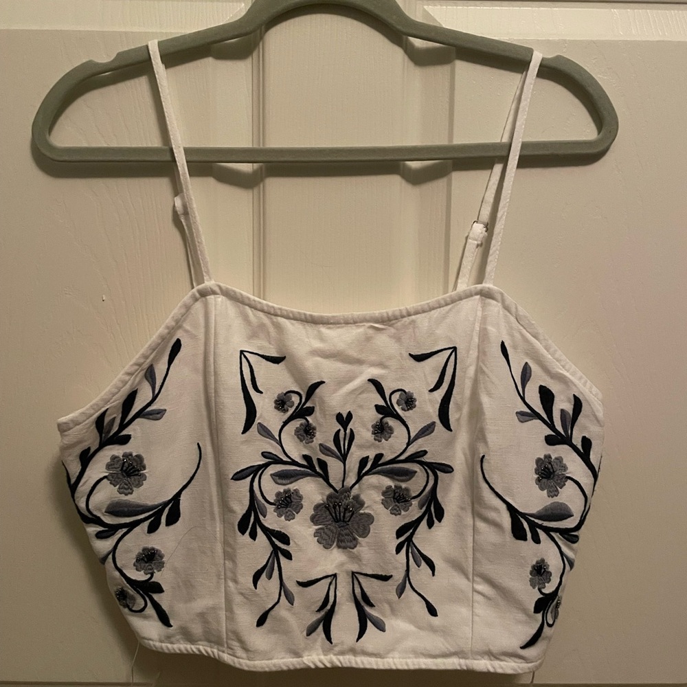 NWOT Beaded and Embroidered Floral White and Black Women's Top